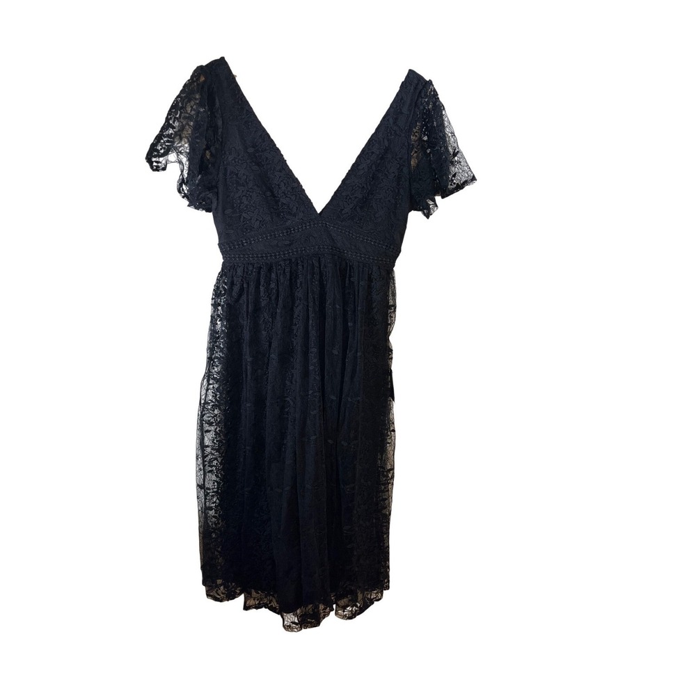 Lulus Black Whimsigoth Lace Flutter Sleeve Deep V Neck A Line Dress Size Medium